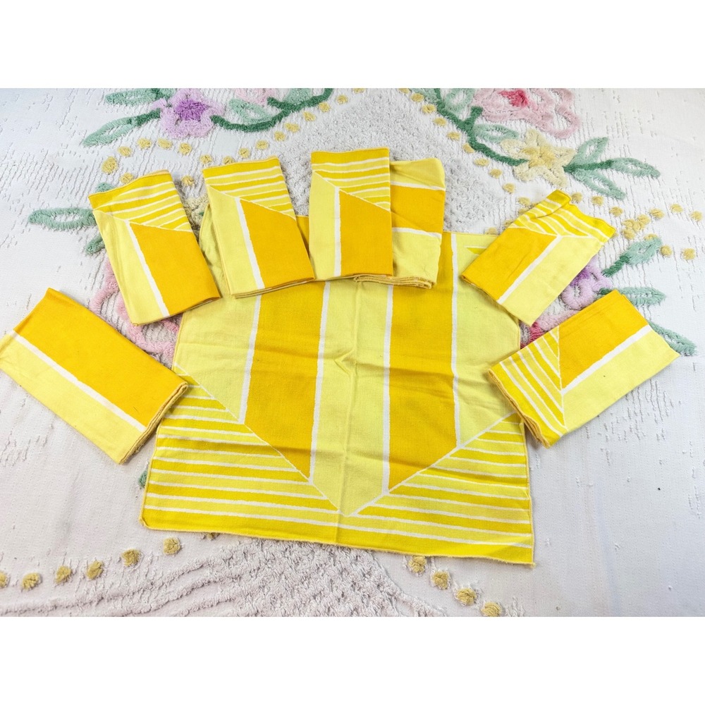 Vintage Vera Neumann Yellow Geometric Linen Napkins Set of 8 MCM Ladybug Logo